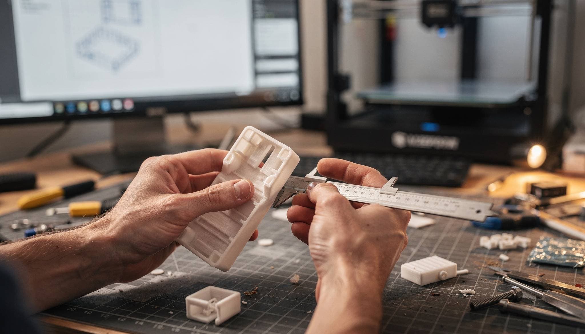 Medición de una pieza impresa en 3D con calibrador